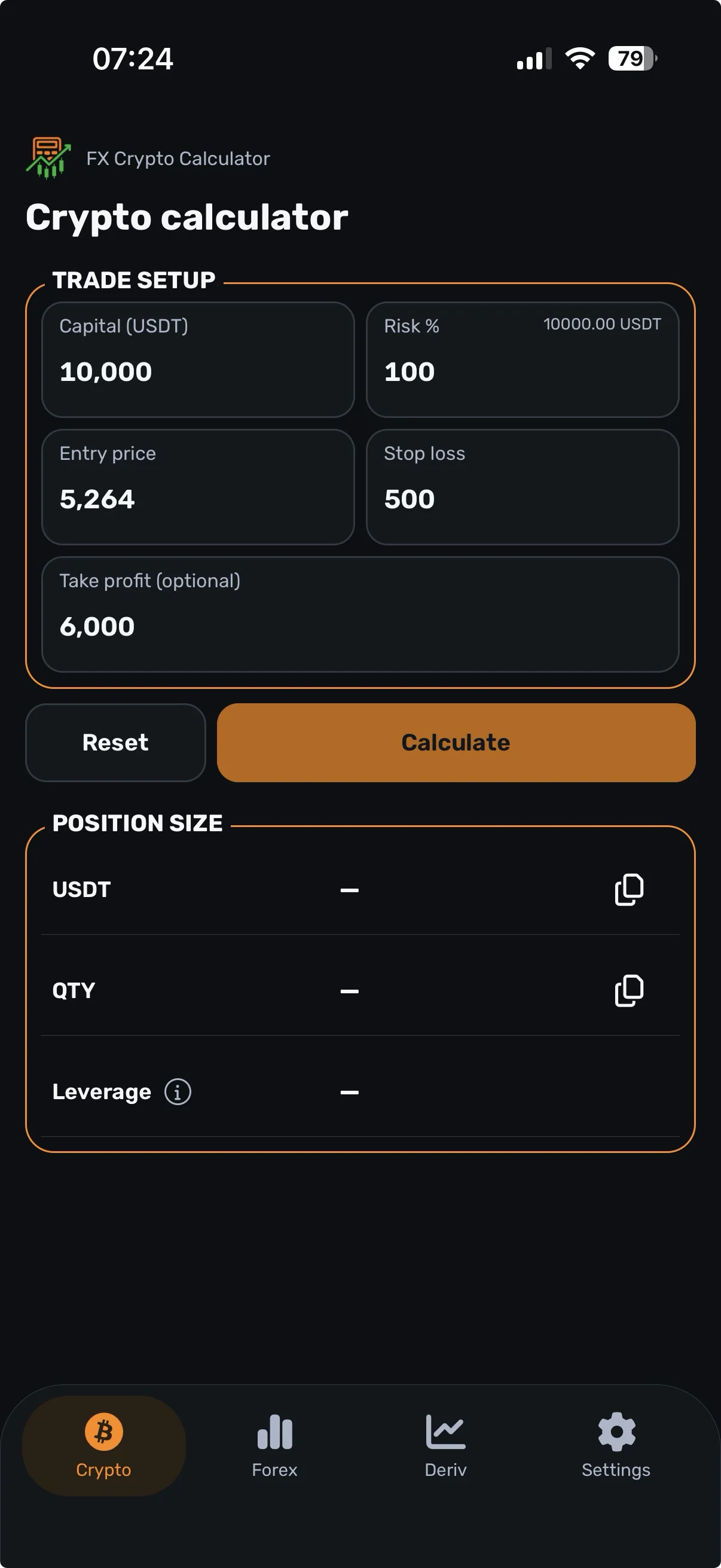 Crypto position size calculator app screen