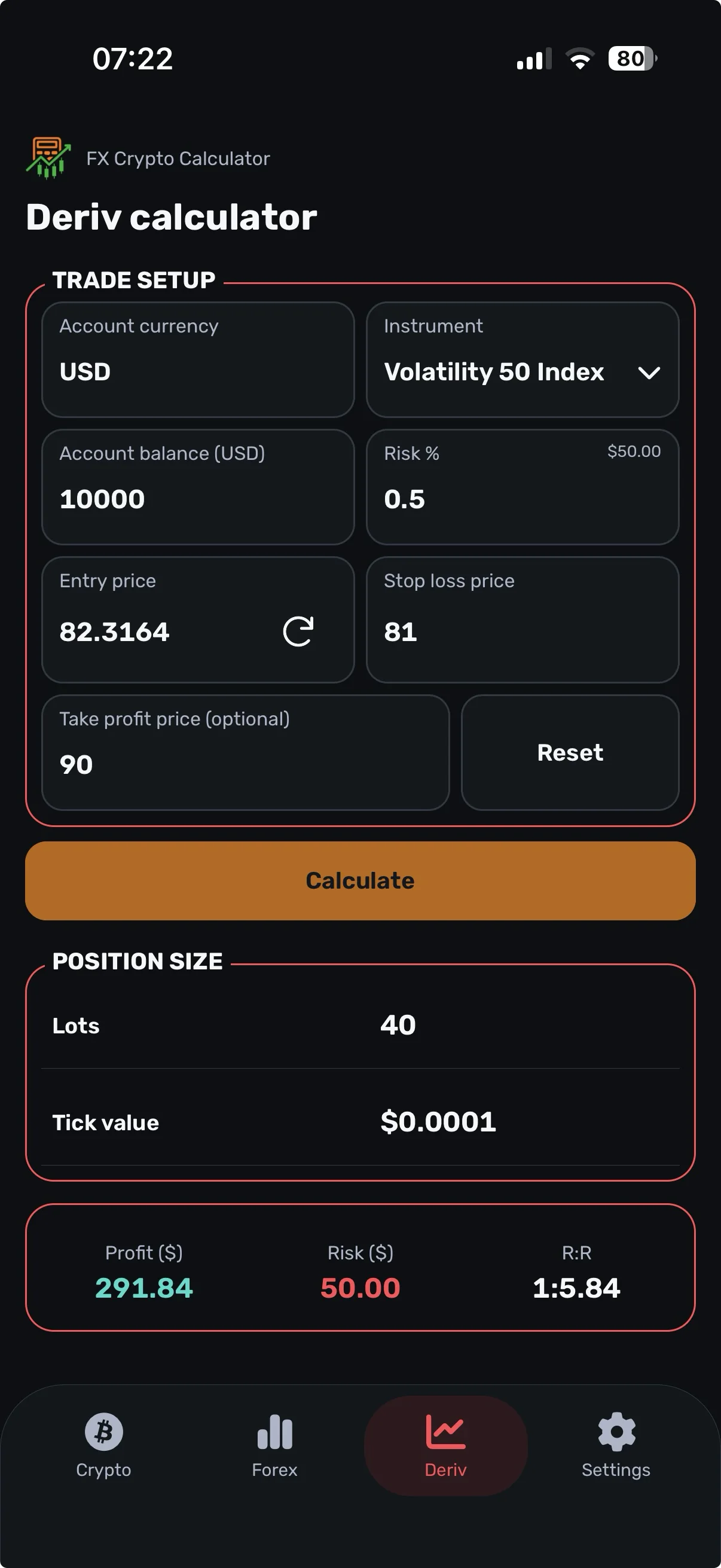 Deriv position size calculator app screen